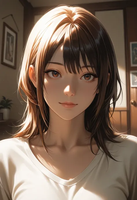 masterpiece, best quality, vibrant, very aesthetic, high contrast, photorealistic portrait,beautiful detailed face,detailed texture,detailed skin, newest, 1girl,Karakuri Circus,source_Karakuri Circus,Eleonore ,shirt,room,realistic lighting
