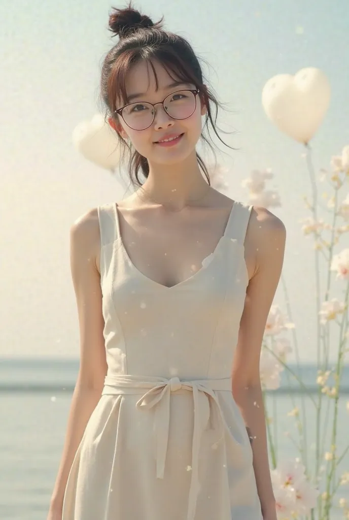 create an image that photo-realistic, a beautiful korean girl wearing glasses, very cute face、Very fair skin、Pear-shaped body type, hair tied, has a charming figure. She wears a simple soft fabric dress, covering her gracefully curves. The shines on her sk...