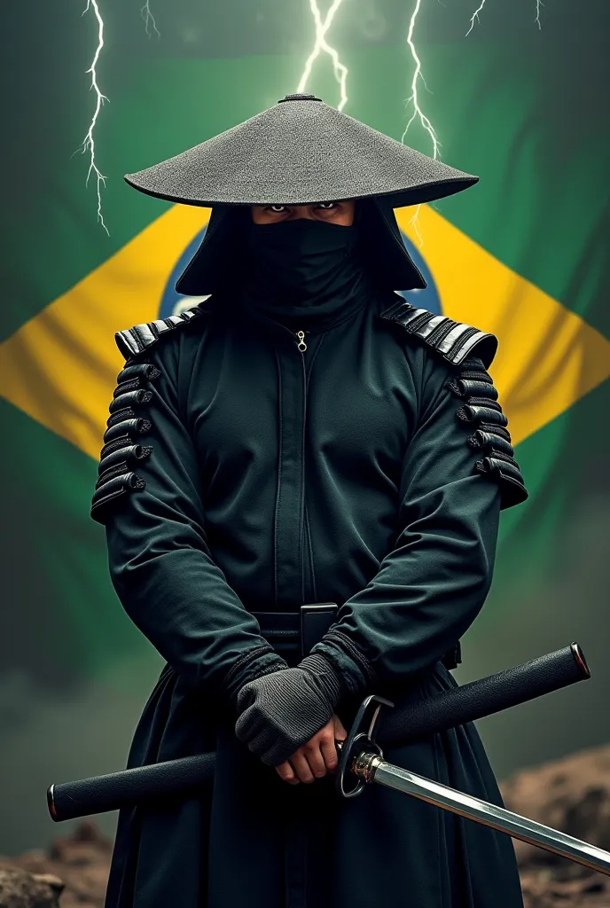  medium muscular body ,with a samurai hat and with a black mask that covers his nose and mouth, With the black samurai outfit, with a katana in his hands . And in the background with the image of the Brazilian flag with the effects of lightning