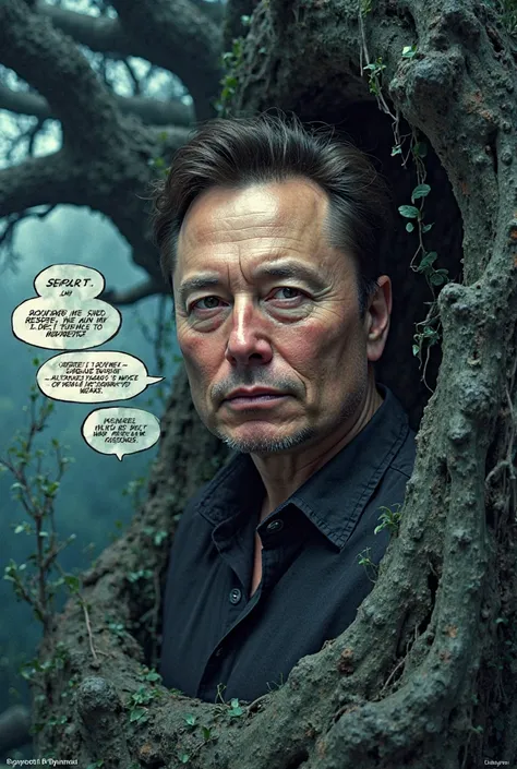 Miniature, photo,2.5Ｄ,  Elon Musk , Deep Depstito's Dark Tree, Show some comments in American comics speech bubbles