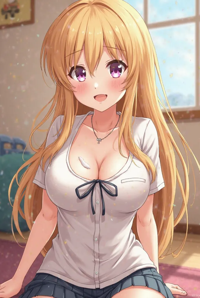 Cute, school girl, cleavage, anime girl, long  blonde hair, putting a Chastity cage on your small penis, she’s innocent and cute, , necklace with key ,About , showing cleavage and feet to lure you, holding chastity cage in hand.showing cleavage very clearl...