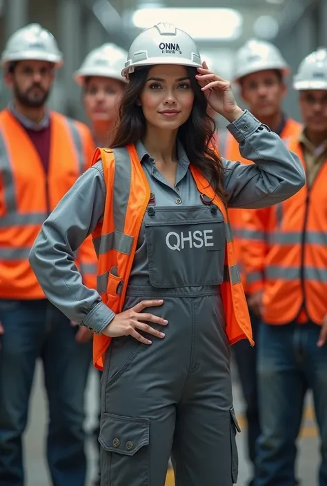 A 36 year old woman with cute light brown hair, thick eyebrows black eyes, wearing a gray sleeve overalls that say QHSE and vest with reflective tape, wearing white helmet with the name ing. Ana Luna faces. With one hand touching her helmet in an empowerin...