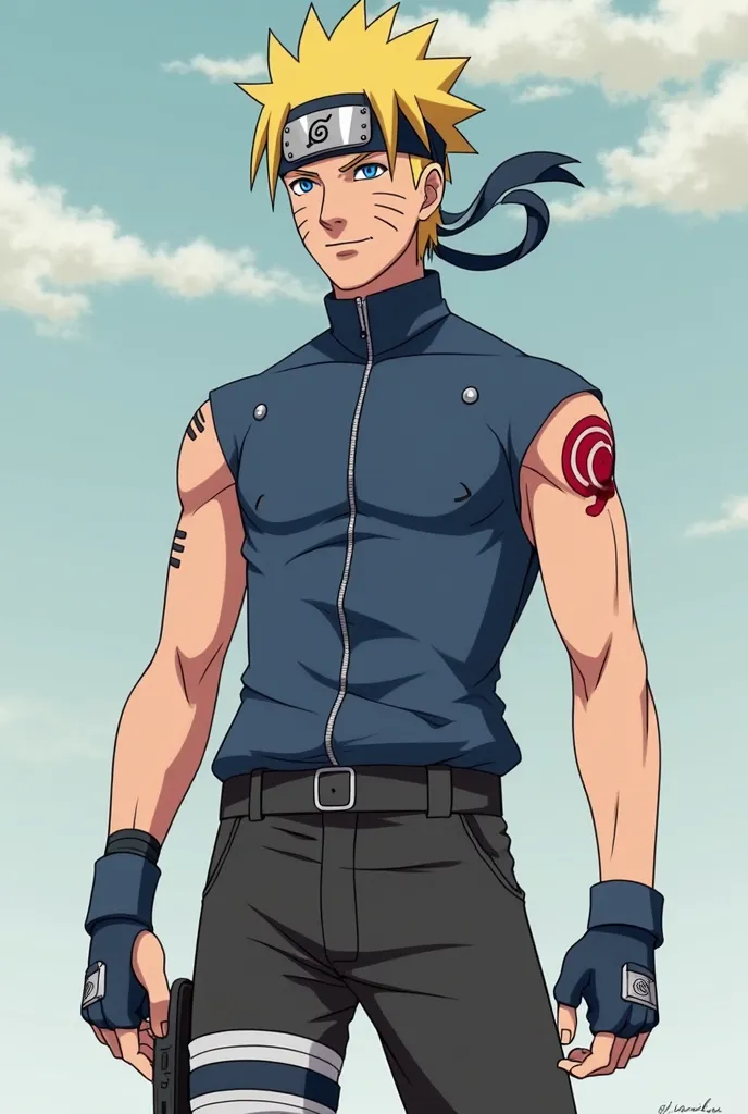 Naruto. He now stood just over 6 foot tall slightly shorter than Jiraiya he wore black ninja sandals along with black Anbu pants, a tight blue muscle shirt with an Uzumaki swirl on the back clung to his frame showing off his well defined stomach and chest....