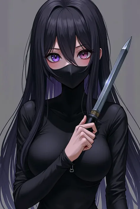 A 20-year-old girl with long black hair, with a black eye and a purple eye wearing a mask covering her mouth and nose and a black one-piece outfit, A dagger in your hand anime-style