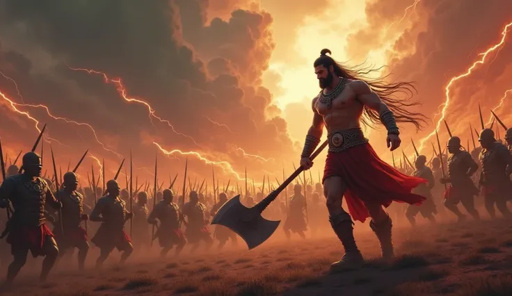 A verry clear 4k ultra HD dynamic image on' Battlefield of Injustice:
“Depict an expansive battlefield under a turbulent sky, symbolizing the widespread tyranny of unjust Kshatriya rulers lord parshuram ax vs lot of soldier 