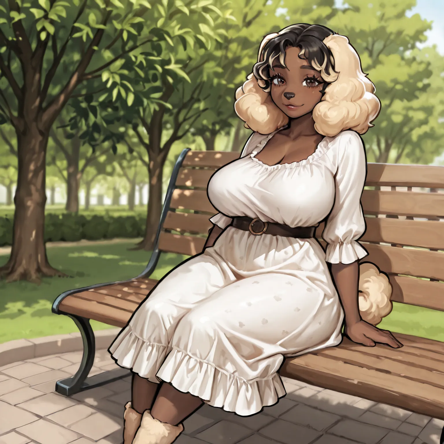 Brown skin, long curly black hair, blonde streaks, cute, frilly dress, brown eyes, thick blonde eye lashes, dog poodle tail, dog poodle ears, fur boots, curvy, curvaceous , adult, solo, park, sitting, 