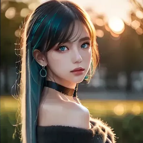  1 girl,   aqua eyes, return, bangs,  shoulder out, black  gloves, blue eyes,  braided ,  choker ,  earrings, fingerless  gloves,  from behind ,  gloves,  gray hair,  holding on gemst,  jacket,   jewelry,  long hair,  Audience , looking return,  nail polis...