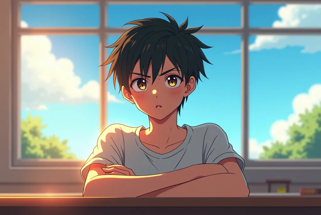 A high school boy is sighing with his arms folded. It has a warm and romantic atmosphere. The delicate lines, expressive eyes, and pastel colors are characteristic of the classic shojo manga style. In the background, there is a classroom bathed in sunlight...