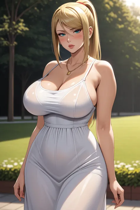 Only single character, anime girl (Samus aran), looking at viewer, front view, cold stare, blushing, seductive pose, detailed lips, necklace, wearing sundress outfit, beautiful detailed eye, beautiful hair, large breast, natural saggy breast, wider hip, ro...