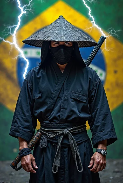  medium muscular body ,with a samurai hat and with a black mask that covers his nose and mouth, with the black samurai suit, with a katana in his hands . And in the background with the image of the Brazilian flag with the effects of lightning