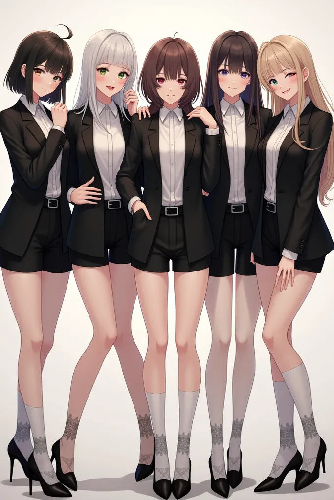 Six young women stand together in a stylish group pose, wearing black blazers or sweaters over white collared shirts, paired with black shorts and sheer white stockings with subtle patterns. They wear black high-heeled shoes with delicate straps. Their hai...