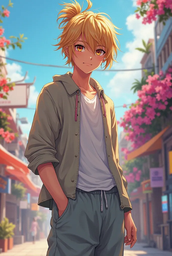 Play a young man of a,88m, Big blond hair tied, brown eyes, wearing a soft shirt and sweatpants in anime