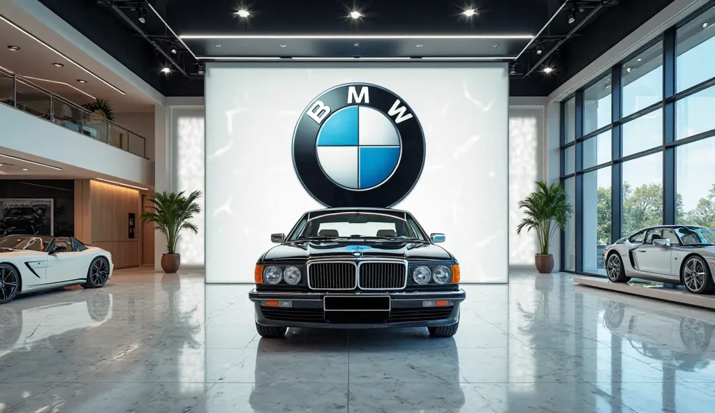 In a saleek showroom 1977 BMW 7 series in back Wall logo BMW