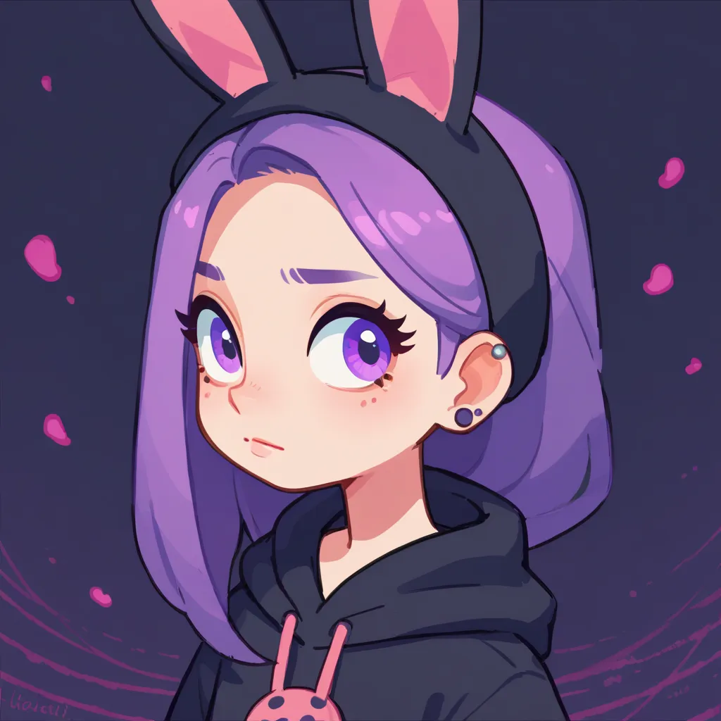 a portrait of a cute adult woman with long black sideswept hair, has purple eyes, wearing a hoodie with fake bunny on them, wearing makeup, pastels, wearing black hoodie with the hood up, mature, has a small nose stud, has ear piercings, long hair,