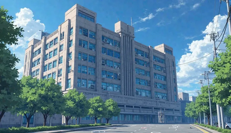 there is a large building with a lot of windows on it, style of madhouse studio anime, kyoto animation studio, japanese high school, art deco factory, kyoto animation productions, cyberpunk gunma prefecture, style of madhouse anime, madhouse anime studios,...