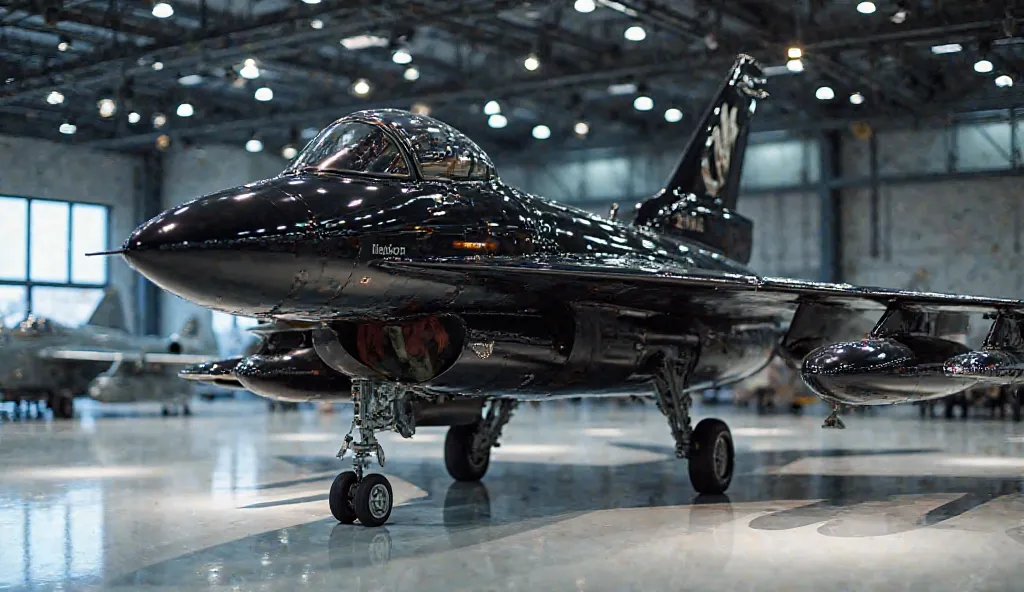 "A right-side view of a black JF-17 Thunder fighter jet in a showroom. The jet has a sleek, shiny, and reflective surface under bright lights. The setting is a high-end aircraft showroom with polished floors and a modern design. The jet's details, includin...