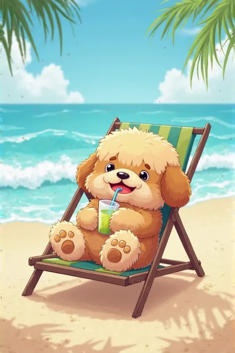 Sure! Here's your prompt in English for SEAIT:  

**"A fluffy Lhasa Apso dog is lying on a beach chair on the sandy shore, enjoying a cold juice through a small straw. The scene is bright and sunny, with the ocean waves in the background and a relaxed summ...