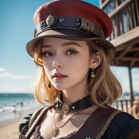 close-up,  blond short curly  girl with straight hair little red hat, Necklace Watch, (  Victorian Era ), (( steampunk)),   Cinematography  , Worked,  elegant , Close up portrait of ,  amazing on the beach,  Maximum Details ,  Extremely Hyper Aesthetic ,  ...