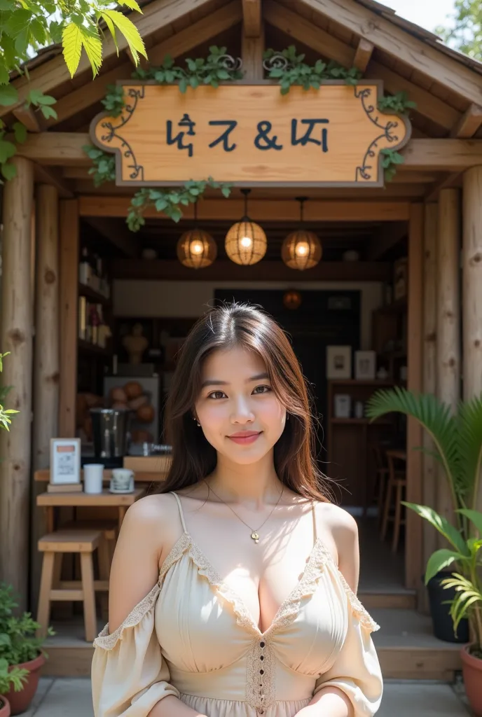 The young woman stands gracefully in front of ร้านกาแฟบ้านฮิมห้วย ลุงปุ๊ด&ป้าเป็ง, a charming coffee shop nestled in the serene village of Mae Kampong. The shop’s iconic wooden signboard, which reads “บ้านฮิมห้วย ลุงปุ๊ด&ป้าเป็ง” in clear, hand-painted let...