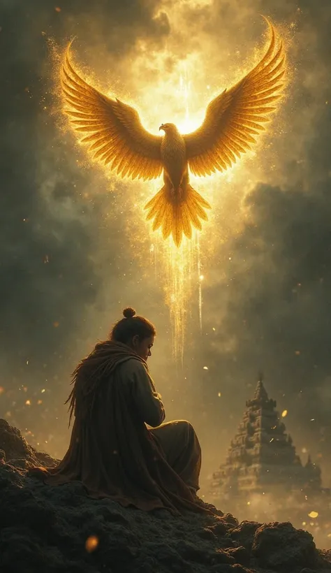 "A powerful scene depicting a person in deep sorrow and despair, sitting or kneeling with a heavy heart in a dark, stormy atmosphere. Suddenly, a divine vision of Garuda appears in the sky, radiating golden light, symbolizing hope and spiritual guidance. T...