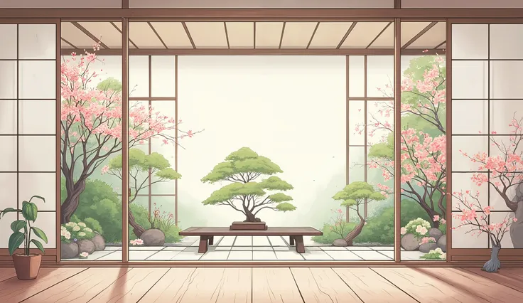 illustration in soft colors predominating , minimalism of a Japanese style living room with window to see the minimalist Japanese garden with bonsai trees, the stage evokes energy and elegance
