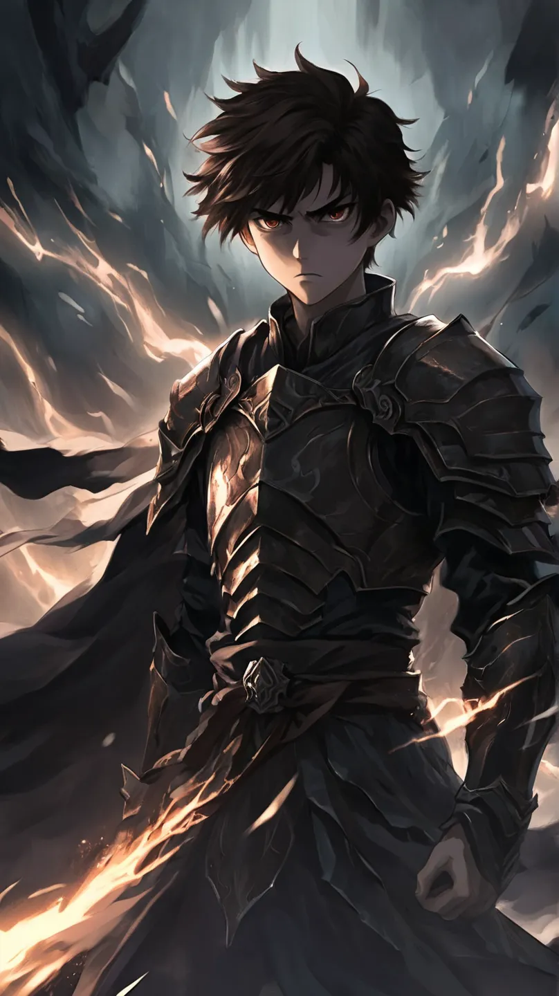 620319897 Anime Boy,  long dark brown hair falls sideways, brown eyes eyebrows, Face that donotes seriousness, He wears dark armor you can feel evil 620319897