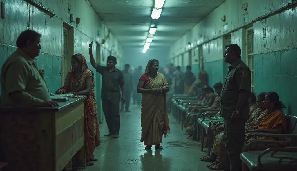 "A grim government hospital scene in India. At the registration counter, a corrupt hospital staff member is secretly taking bribes from patients. An old woman, wearing a simple saree, is crying as she begs for treatment, but the staff ignores her. A securi...