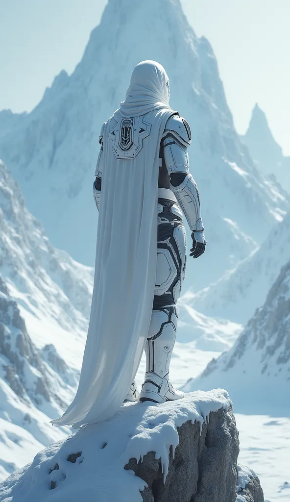 Man who is a warrior of the future, wearing sturdy white armor with a white cape with a white hoodie, With your back on the top of a mountain made of ice