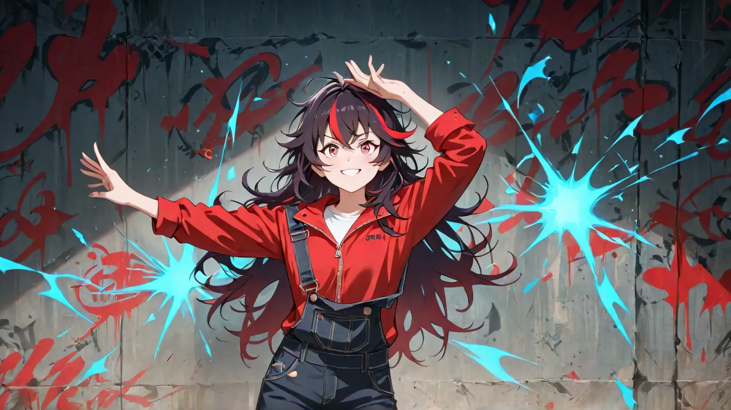 An anime-style female character with long, slightly messy dark hair, a wild and playful expression, and eyes full of excitement. She wears a striking red jacket over a white shirt splattered with artistic red streaks. Her pose is energetic, with arms raise...