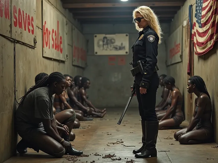 In a warehouse . a female police officer in uniform tall mature white blonde standing with a whip in her hand and sunglasses and black boots kneeling at her feet a ragged black submissive slave polishes the boots of the female cop , against the walls, seve...