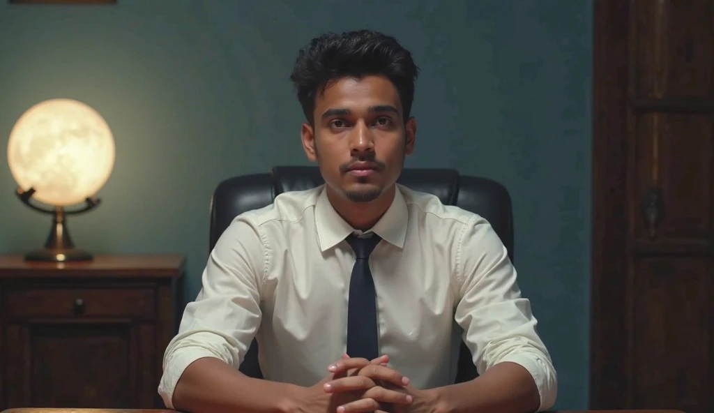 Interviewer pov shot- South Indian 28 years young man samar sat in interview room, he wearing white shirt with tie, his front a table there, on table a glowing like dim white moon looks like globe placed on left side, but mainly focus on samar. Disney styl...