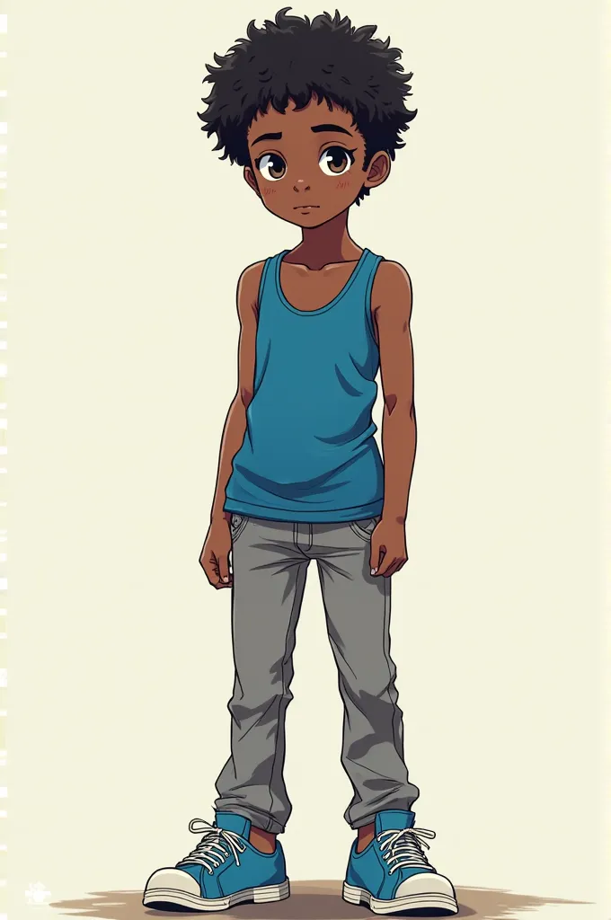 Dark skinned boy, with a thin blue vest, with gray pants, and blue tennis shoes, source_anime, short curly hair