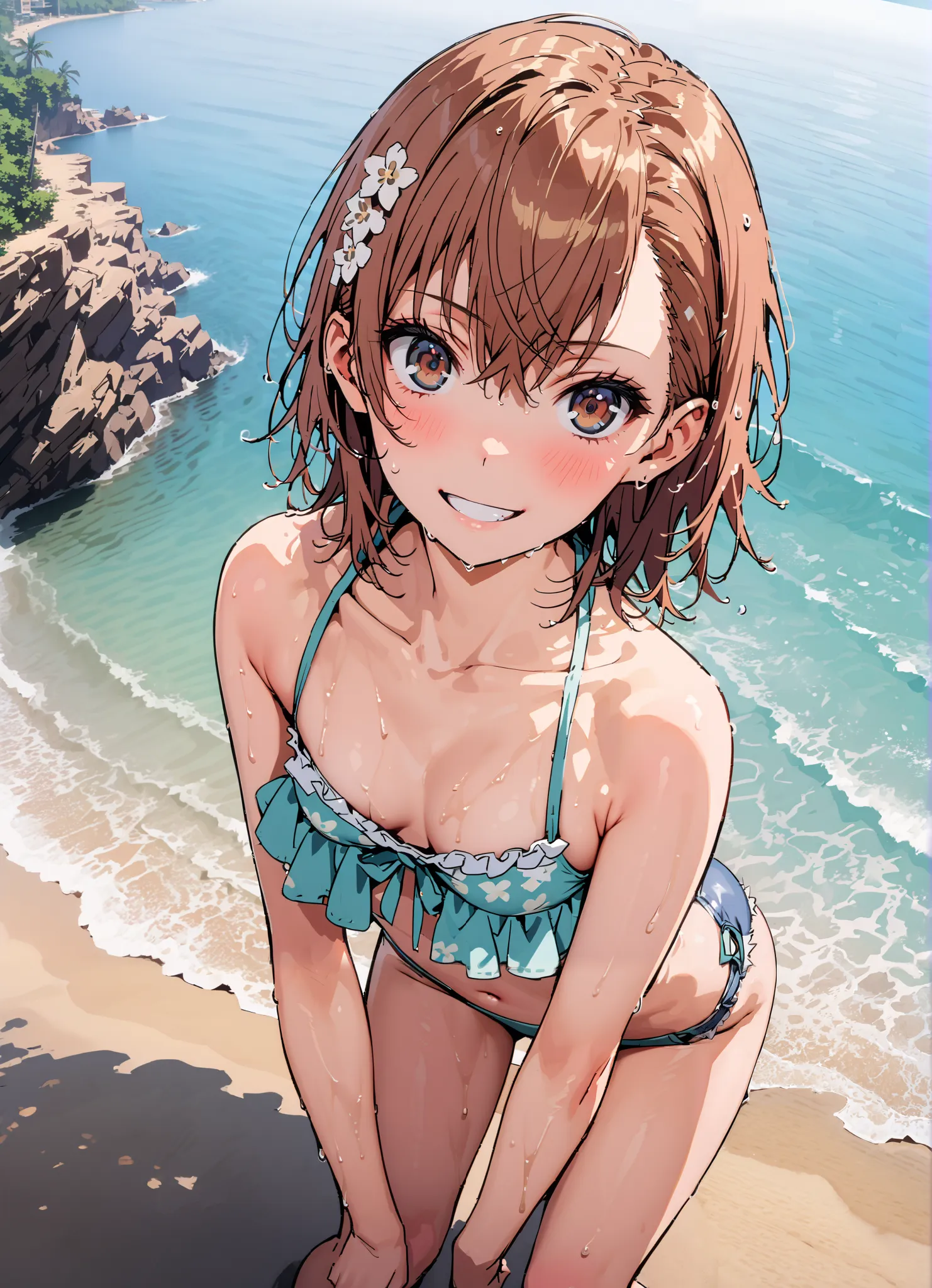 Mikoto and Misaka, Misaka Mikoto ,  short hair, brown hair, hair ornaments close to the garden, hair flower, brown eyes, brown skin,Ruffled bikini swimsuit,denim micro shorts,Bare legs,smile,blush, grin ,Bare legs,standing,wet skin,wet hair,Put your hands ...