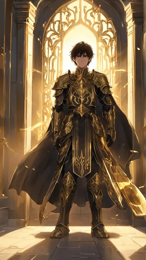 620319897 Anime Boy,  long dark brown hair falls sideways, brown eyes eyebrows,  expensive bodyguard that denotes seriousness, He wears dark armor you can feel the evil he is standing next to the entrance of a golden castle 620319897