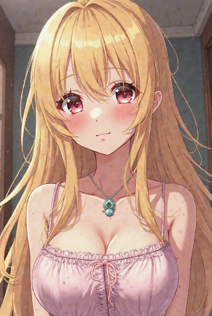 Cute,  girl, cleavage, anime girl, long  blonde hair, putting a Chastity cage on your small penis, she’s innocent and cute, , necklace with key ,About , showing cleavage and feet to lure you, holding chastity cage in hand.showing cleavage very clearly, aro...