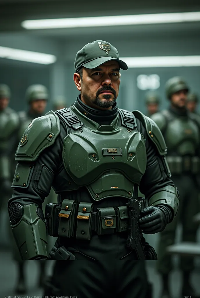 Futuristic senior officers in dark green ballistic armor (with light scuffs and scratches), cap with an unobtrusive military logo,  short beard and mustache ,  determined look , Conceptual Style (concept art), semi-profile, cinematic lighting, 8k, hyper-re...