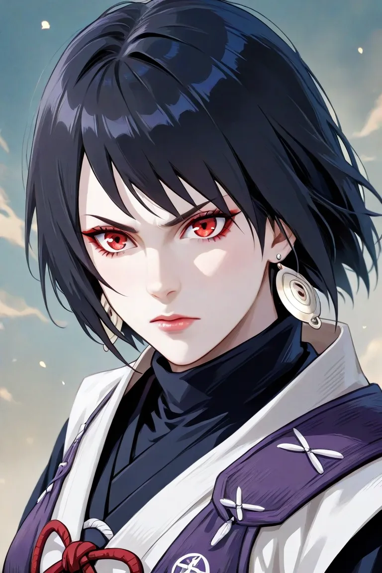 Make me a anime style art of a Uchiha Girl, Black hair, short hair with a long bang going between her nose bridge, sharingan, pale skin, stern and serious face, shinobi clothing, pretty, not overly muscular but fit, has Uchiha earrings. 