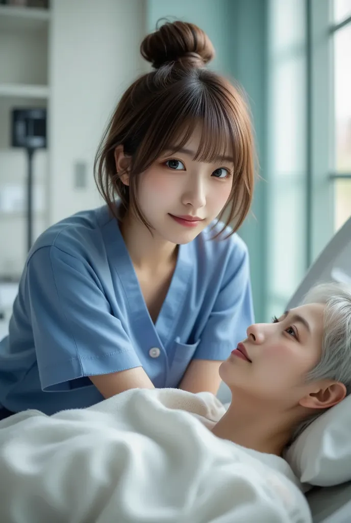 A Japanese female nurse wearing a blue scrub is examining an elderly patient in bed with a serious expression. The composition is such that the patient's face cannot be seen. There are no backgrounds or text. The overall design is bright and pop.