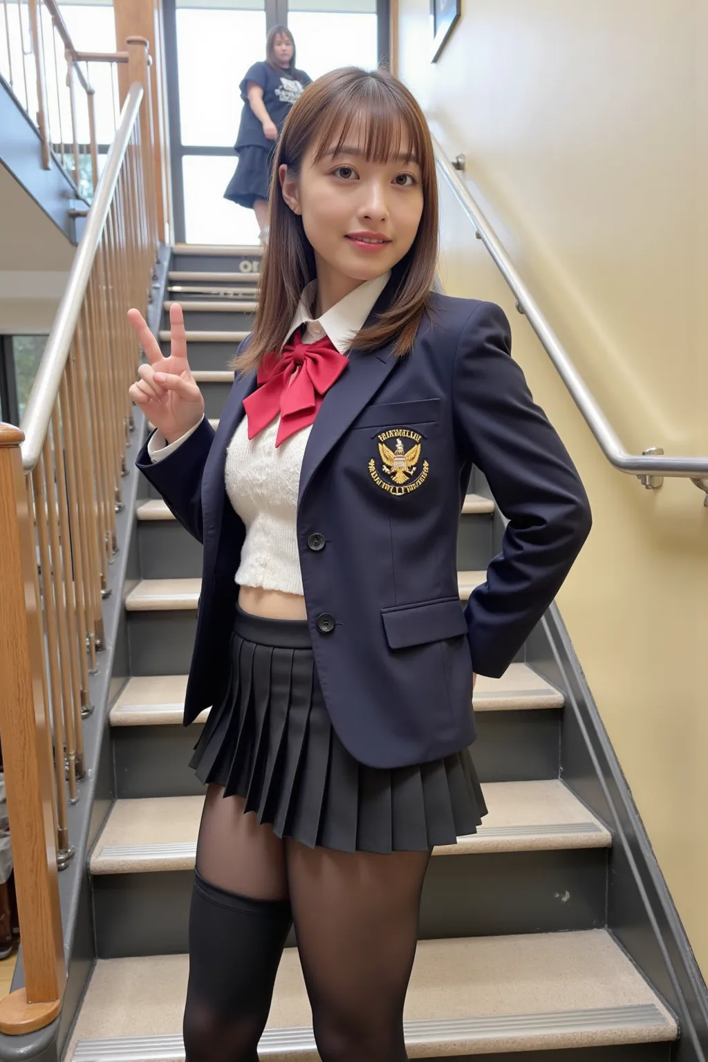 　 best image quality、score_9,  score_8_ up 、masterpiece、nsfw、(from below:1.5)、1 Japanese girl、female high school students、uniform、blazer、miniskirt、panties、(thick thighs:1.4)、(pee:1.5)、At the top of the stairs、station、