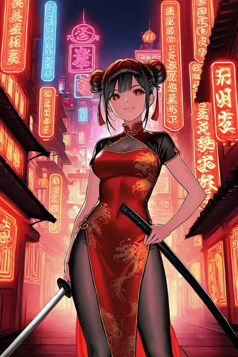 Black double bun hair, Red Cheongsam,Smile,Sword,Anime, gloves,Modern  Chinese jacket 