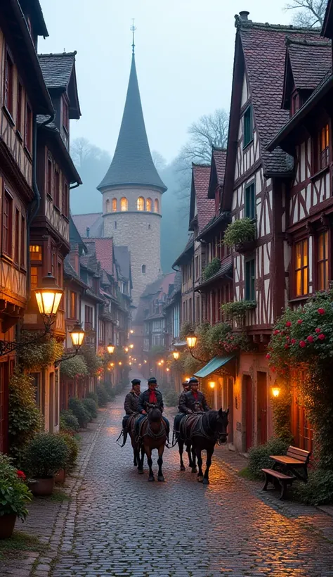 The medieval townscape resembles that of Rothenburg in Germany. Colorful half-timbered houses line the streets, and horse-drawn carriages pass along the cobblestone streets. The evening light gently illuminates the buildings, creating a fairy-