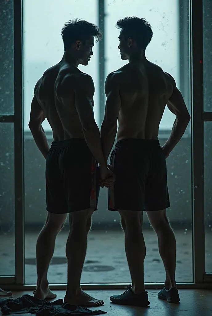 Two overlapping silhouettes on the blurry glass window，Strong back muscles against a slim waist line，torn team uniform shorts scattered on the floor， two men，Ma Long and Zhang Jike