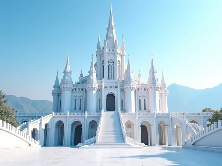 Greatest Masterpiece, Best Quality,  Fantastic, Royal City, Majestic castle, white, The details are fine, beautiful,  mountain range visible in the distance,  bright blue sky,  shot from obliquely down,  Focus on castles, Big gate,  Large Staircase , 