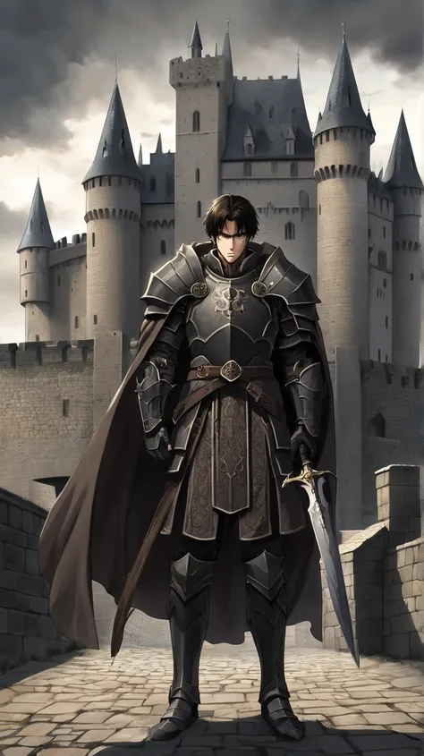 620319897 Anime Boy,  long dark brown hair falls sideways, brown eyes eyebrows,  expensive bodyguard that denotes seriousness, He wears dark armor you can feel the evil he is standing next to the entrance of a castle 620319897