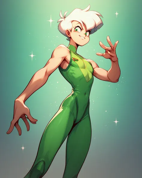 Speed (young human man, white hair, green and white supersuit), dancing, Tokyo background, tiny toons style, by diives, 