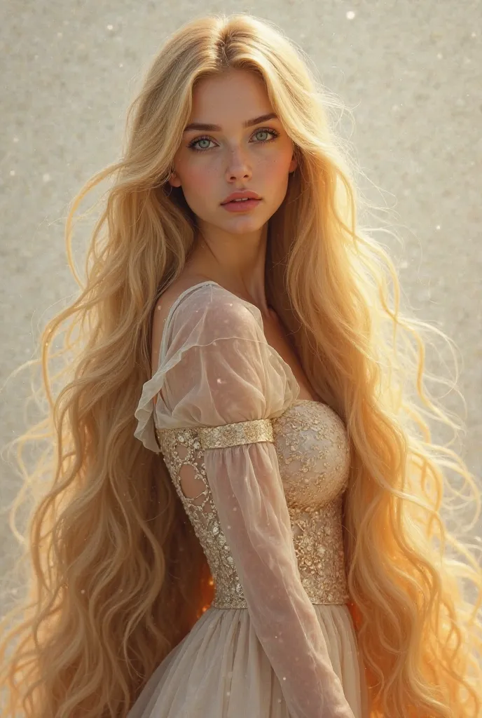 A blond realistic woman model with very long long hair like rapunzel she is standing 