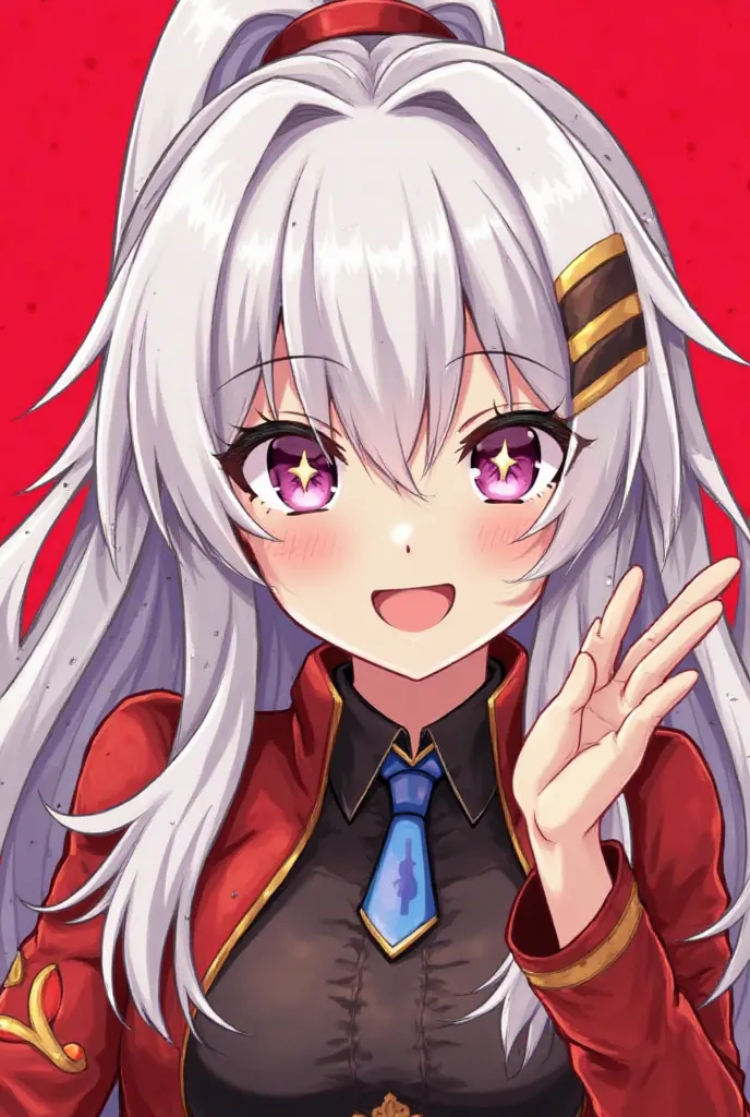 An anime girl with long silvery white hair, tied into a high ponytail with a red band at the top. His hair has long thick bangs, with several strands of tapered hair covering part of her forehead. The sides of his hair dangle around the face, gives a dynam...