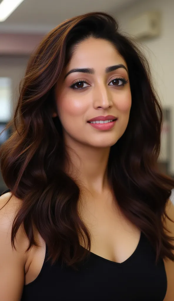 Gorgeous Yami Gautam with flawless hair and face, wearing sports bra and shorts, standing and flaunting her (legs and thighs), ( canon eos, high resolution, 8k, award winning photography), in gym, cleavage, ((sweaty body))