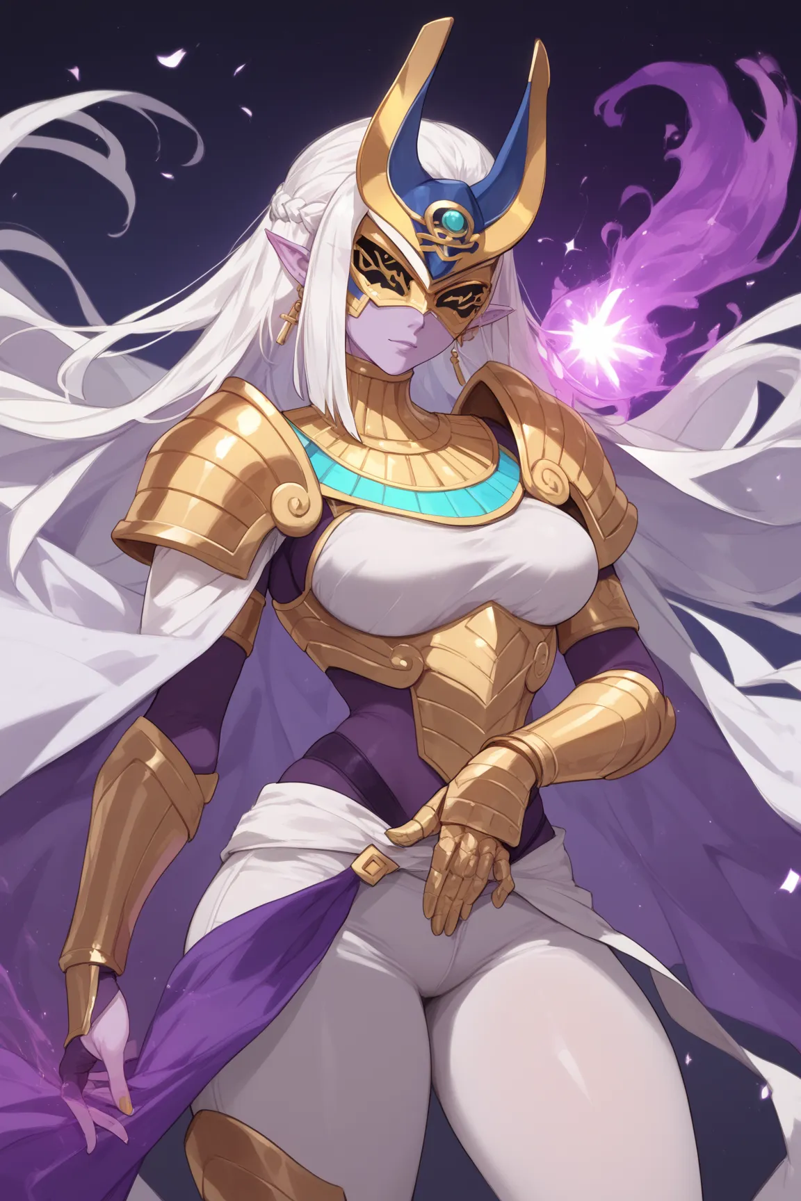 purple skinned,Woman, white hair cut on the sides, golden lines on the face,white and golden armor, pointy ear,  anime style,rpg style ,emitting a purple aura,Egyptian style,white cape, white clothes with gold details, white pants ,helmet covering the eyes...