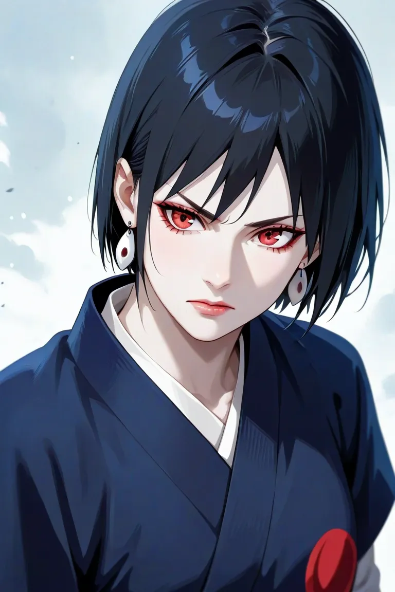 Make me a anime style art of a Uchiha Girl, Black hair, short hair with a long bang going between her nose bridge, sharingan, pale skin, stern and serious face, shinobi clothing, pretty, has Uchiha earrings. 